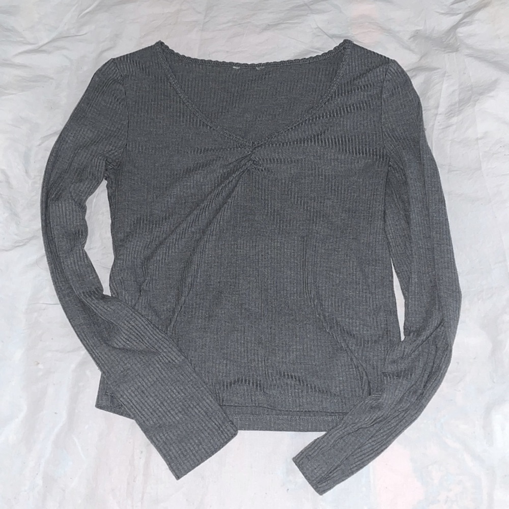Grey Ribbed Long Sleeve Sweetheart Neckline